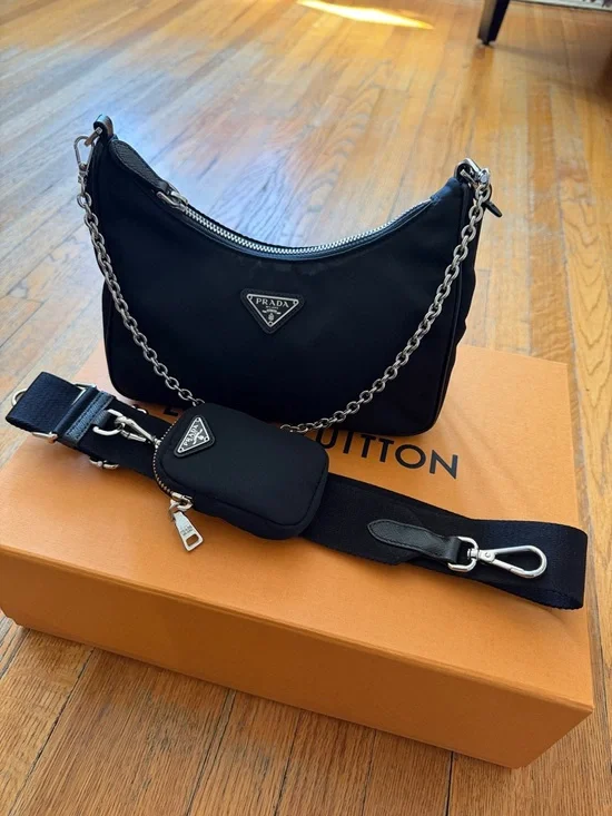 Prada Black Nylon Crescent Shoulder Bag with Chain and Strap - Picture 1 of 7